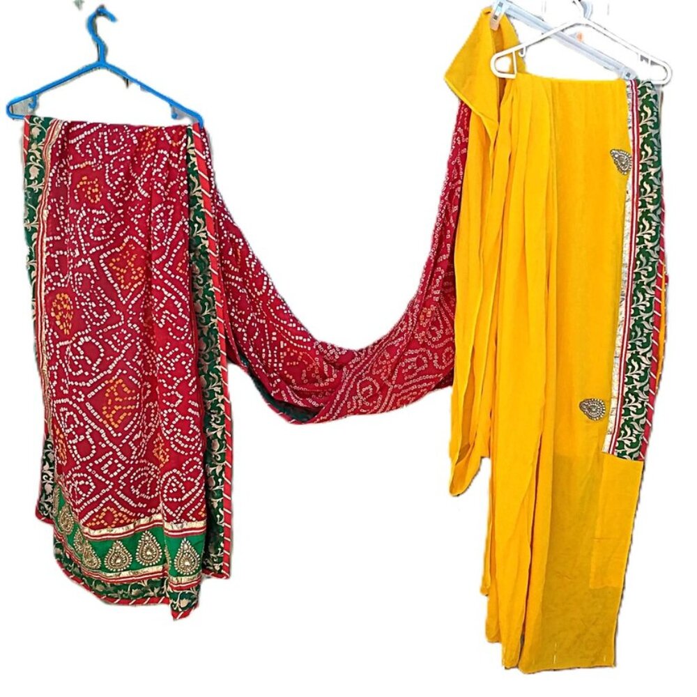 Vintage Sari Saree Red Yellow Green Gold with Jeweled Sequins